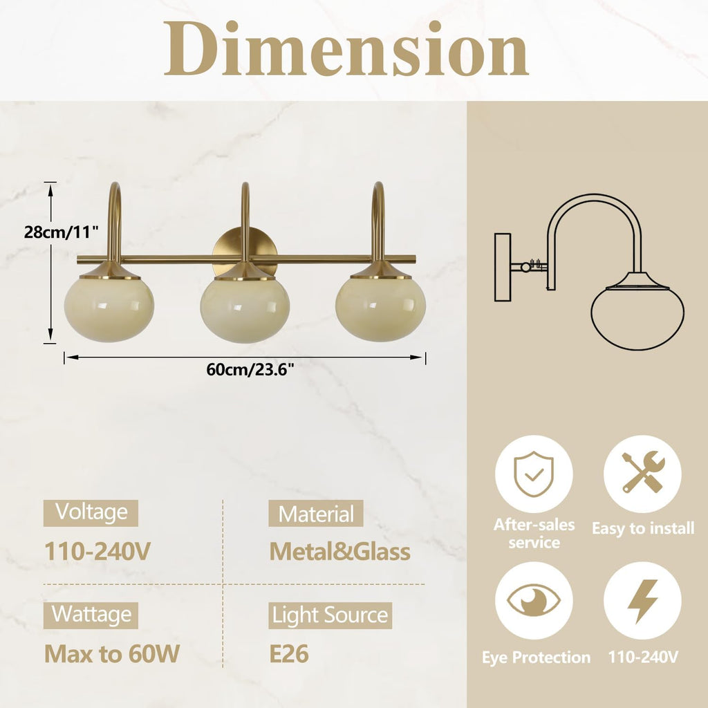 BOKT Modern 3-Light Bathroom Vanity Light Cream Yellow Glass Wall Sconces Vintage Vanity Lights Fixtures Over Mirror Gold Globe Bath Wall Sconce Bedroom Wall Mounted Sconces