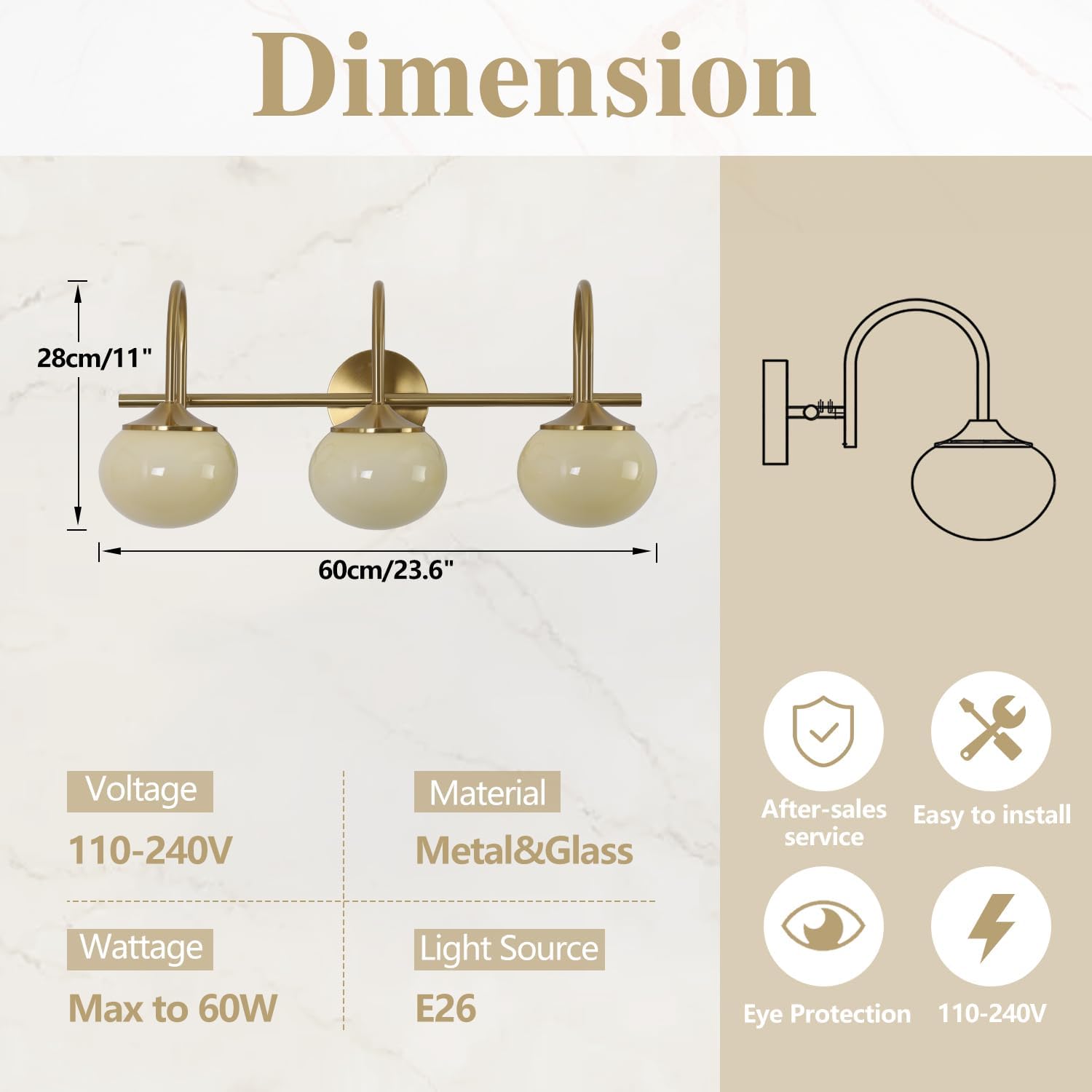 BOKT Modern 3-Light Bathroom Vanity Light Cream Yellow Glass Wall Sconces Vintage Vanity Lights Fixtures Over Mirror Gold Globe Bath Wall Sconce Bedroom Wall Mounted Sconces
