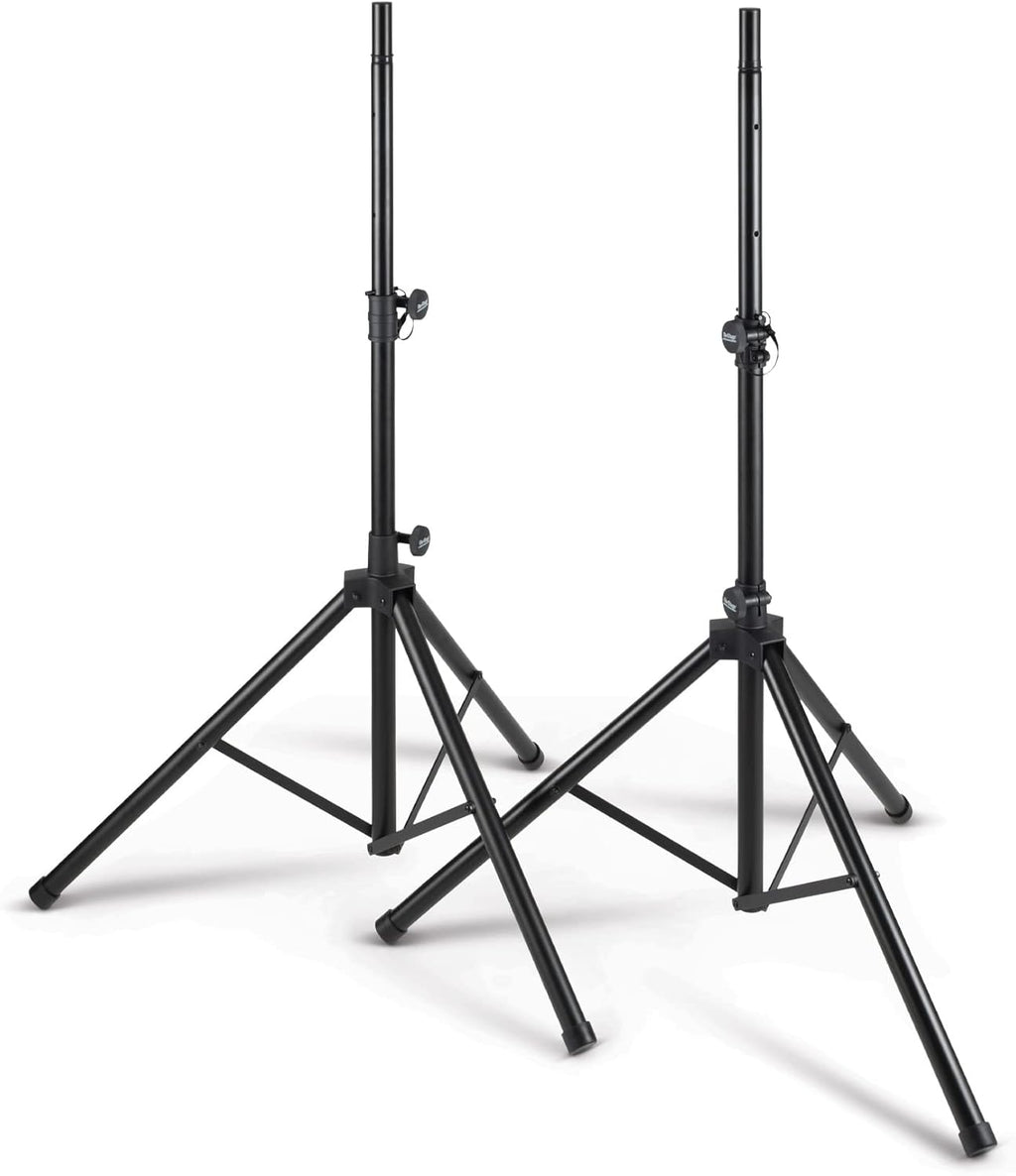 On-Stage SSP7950 All-Aluminum Speaker Stand Pack (Pair of Folding, Portable Stands, Tripod Base, Carry Bag, Height Adjustable, Nonslip Rubber Feet, 1 3/8″ and 1 1/2″ PA Mounting Poles, Black)