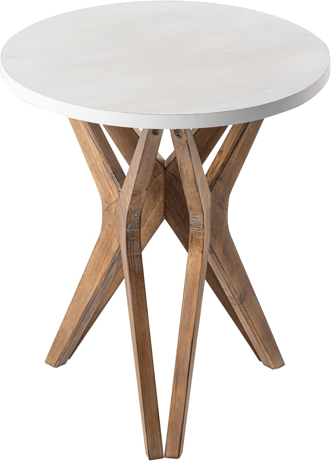 Pedestal Farmhouse End Table Set of 2, Distressed Top with Tripod Base Bedside Table for Living Room, Modern, Boho Decor, Round (2-Pack, White & Walnut)