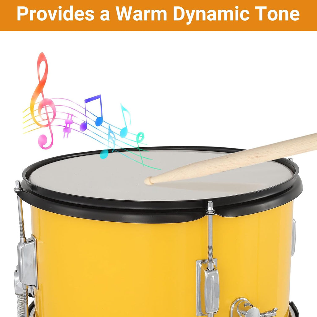 Drum Set for Children, 5 Drum Acoustic Drum Set, Metal and Wood Design, Yellow Finish, for Starter Drummers, Rhythm Development and Home Use