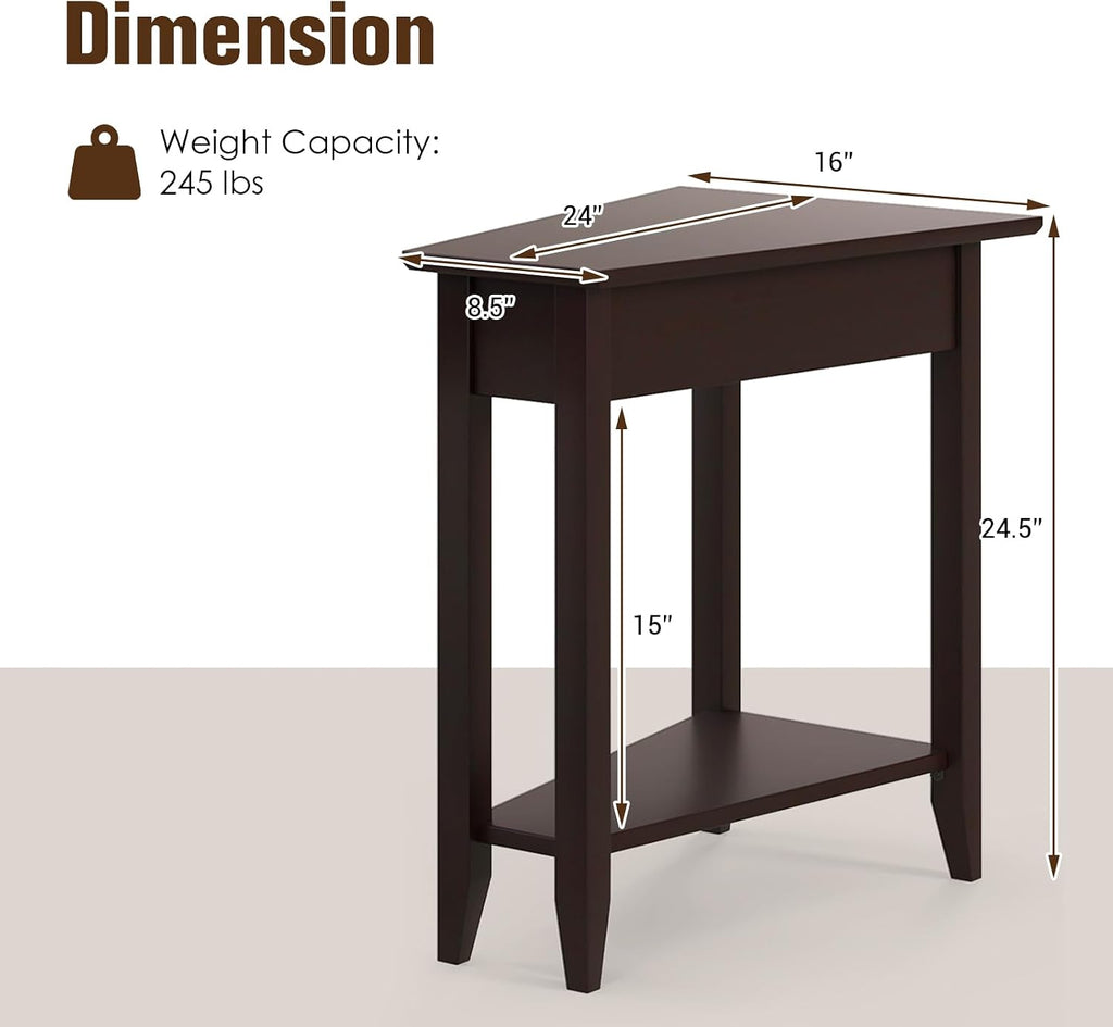 Giantex Wedge End Table Set of 2, Triangle Side Table with Storage Shelf and Solid Wood Legs, Recliner Table, 24.5' Tall Nightstand, Modern Narrow Accent Table for Small Space Living Room, Espresso