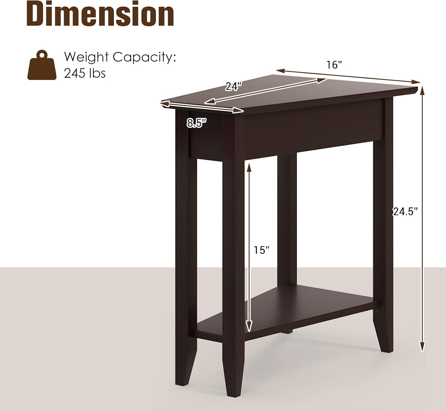 Giantex Wedge End Table Set of 2, Triangle Side Table with Storage Shelf and Solid Wood Legs, Recliner Table, 24.5' Tall Nightstand, Modern Narrow Accent Table for Small Space Living Room, Espresso