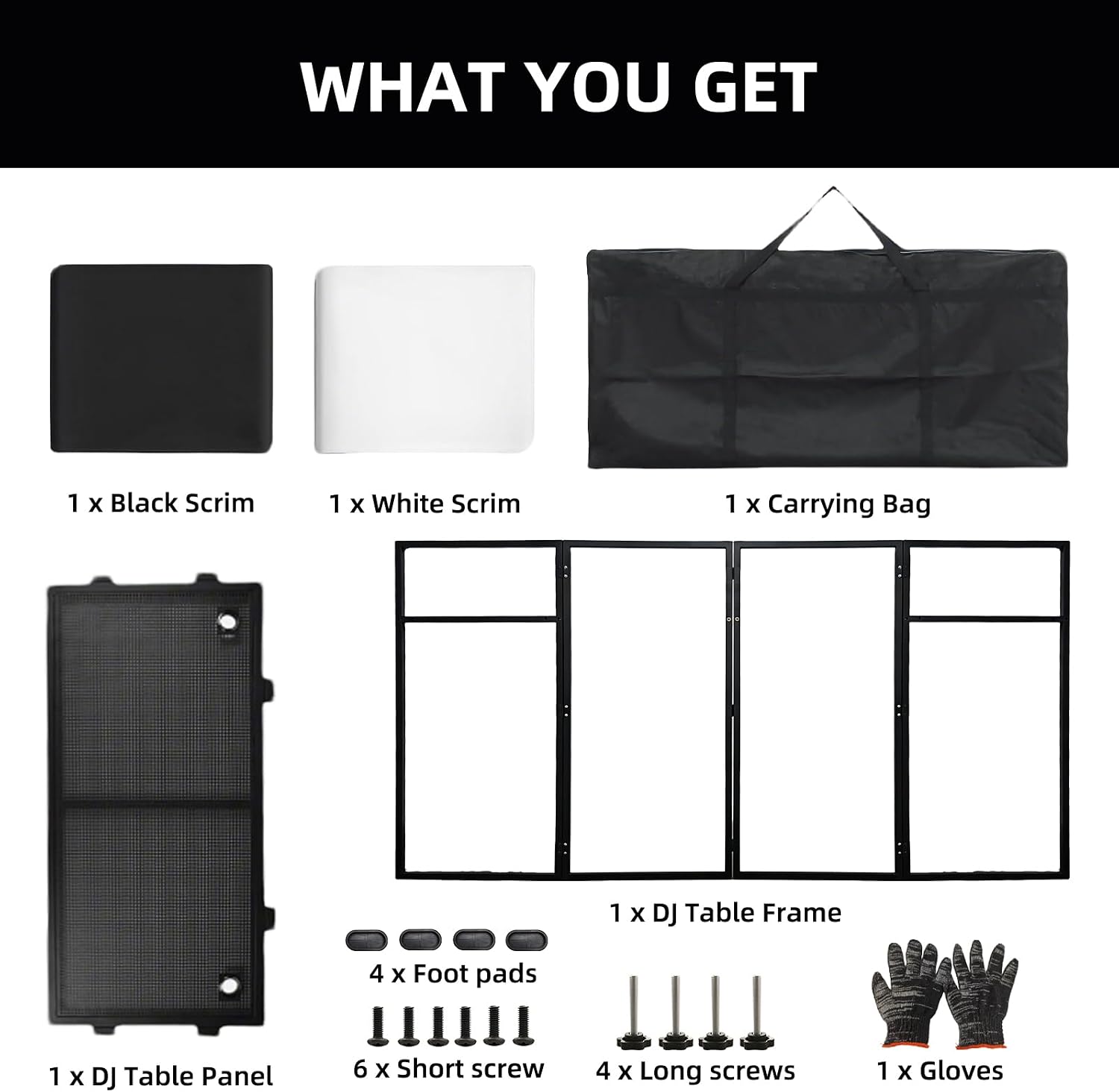 DJ Booth Portable 44 * 21 * 48in, DJ Facade Booth DJ Table Stand w/Black & White Scrim, Carrying Bag, Metal Foldable DJ Stand Table Station for Wedding, Show, Party