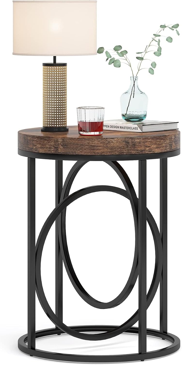LITTLE TREE 20' Round End Table with Thick Wood Top，Modern Sofa Side Table with Gold O-Shaped Base, Midcentury Accent Table Cocktail Table Nightstand for Living Room Bedroom, 2PCS