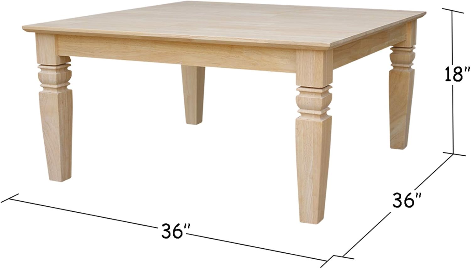 International Concepts, 18'H Java Square Coffee Table, Farmhouse, Living Room Furniture, Sturdy Solid Parawood, Paint or Stain in Any Color, Easy Assembly, Unfinished