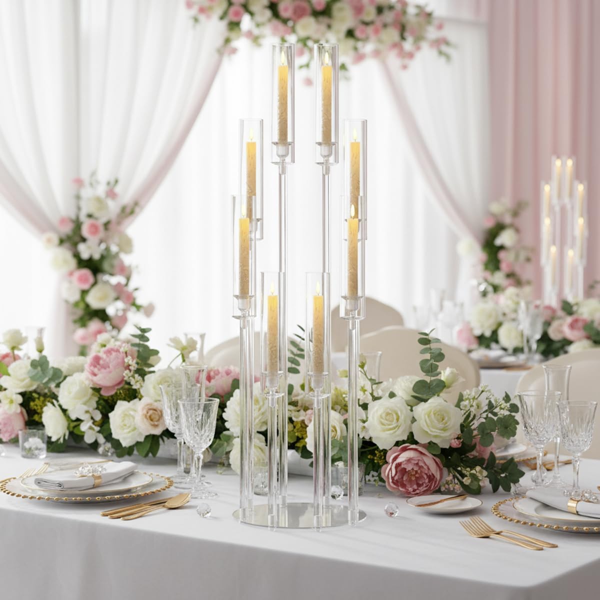 4PCS 8 Arms Clear Candelabra Candle Holder for Wedding Decorations,38.5 inches Tall Arcylic Candlesticks Holder with Shade for Table Dinner Party Valentines Day Fireplace Decoration