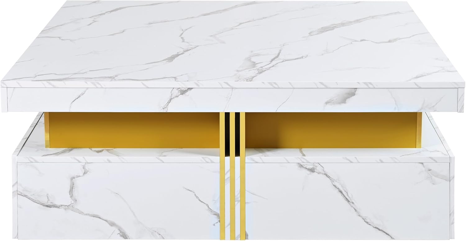 Merax 43.3' Modern Square Storage Coffee Table with 4 Drawers, with Marbling Gold Accents, Functional Center Tables for Living Room Apartment, White