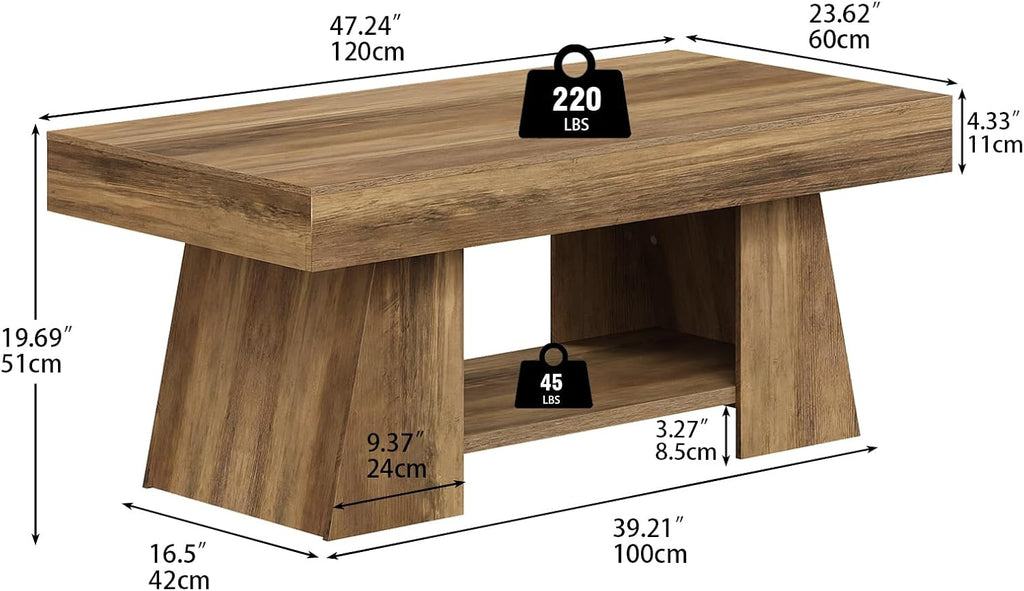 Tohomeor Coffee Table, 47.24' Farmhouse Wooden Rectangular Accent Center Tables with Storage Shelf Thick Base for Living Room, Home Office, Retro Brown
