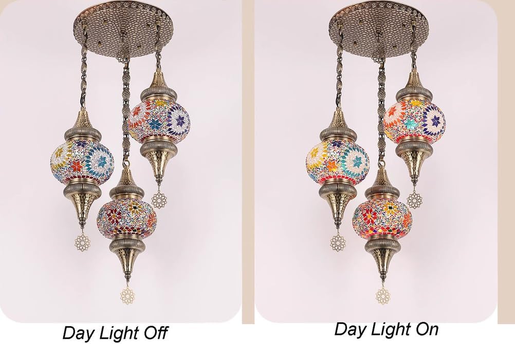 Turkish Mosaic 3 Globes Chandelier, Bohemian Moroccan Bronze Plating Red White Blue Green Shade Ceiling Hanging Lamp Kitchen Light for Bedroom, Cafe, Living Room, Entry,Colorful