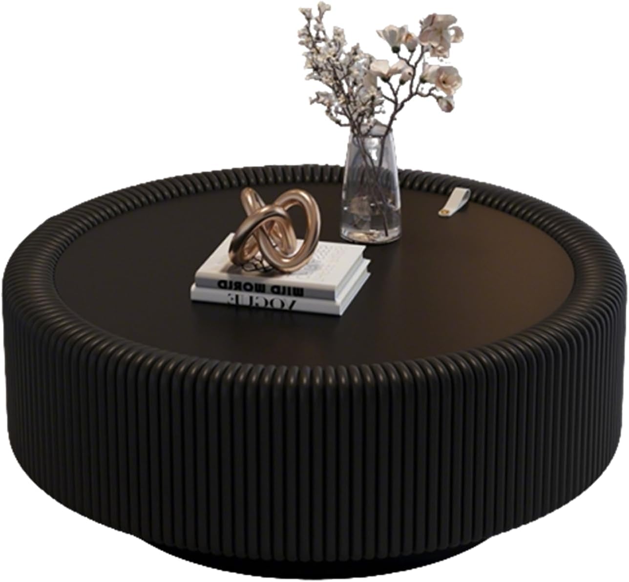 31.5' Black Round Coffee Table with Storage, Tempered Glass Top PU Leather Body & Baked Enamel Base, Modern Minimalist Fluted Circle Center Tables for or Living Room, Bedroom, Apartment