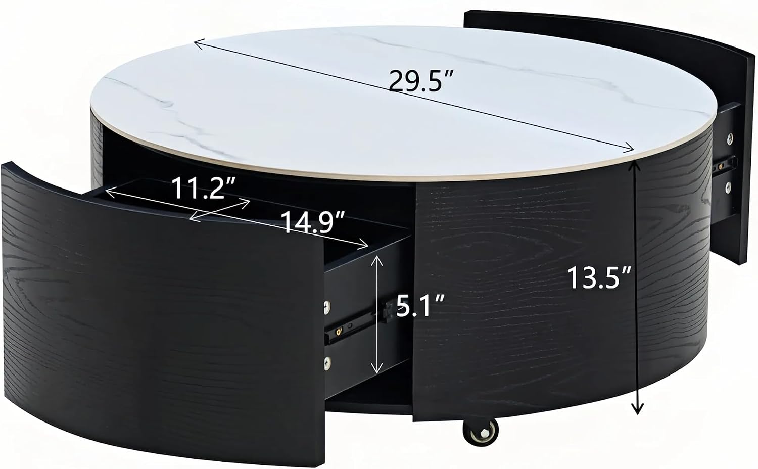 Merax 29.5' Round Coffee Table for Living Room, Movable Accent Table with Casters and 2 Storage Drawers, Marble Pattern Sintered Stone Top, Black and White