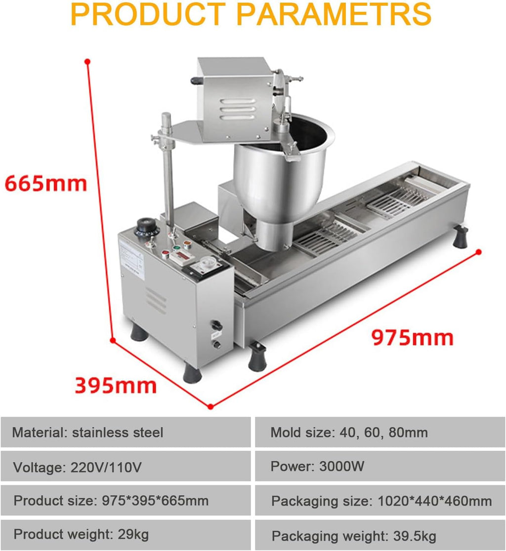 Automatic Donut Making Machine, Commercial Single Row Donut Machine with 3 Different Sizes Ring Molds, Frying Donuts Maker, Large Capacity, 7L Hopper, for Bakery, Food Cart