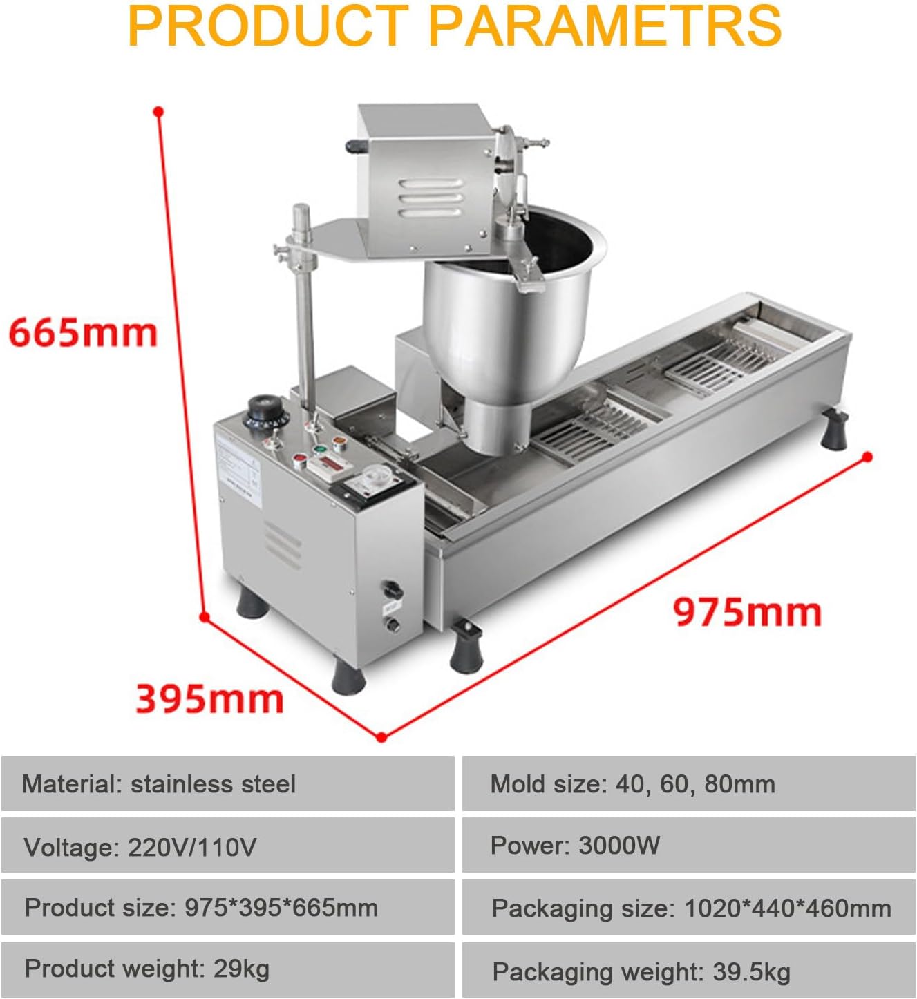 Automatic Donut Making Machine, Commercial Single Row Donut Machine with 3 Different Sizes Ring Molds, Frying Donuts Maker, Large Capacity, 7L Hopper, for Bakery, Food Cart