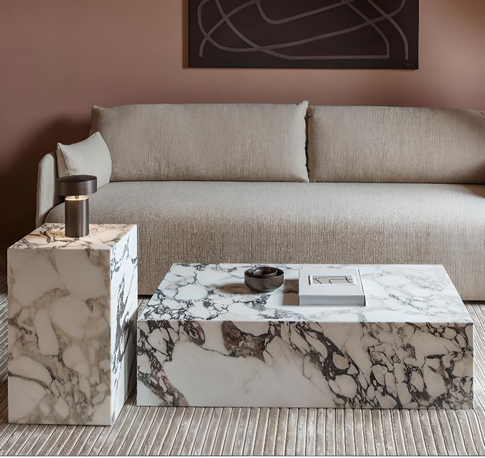 LITFAD Modern Style Coffee Table Marble Stone Side Table Rectangular Living Room Table Tea Table for Home Furniture, 39.5' L x 23.5' W x 12' H