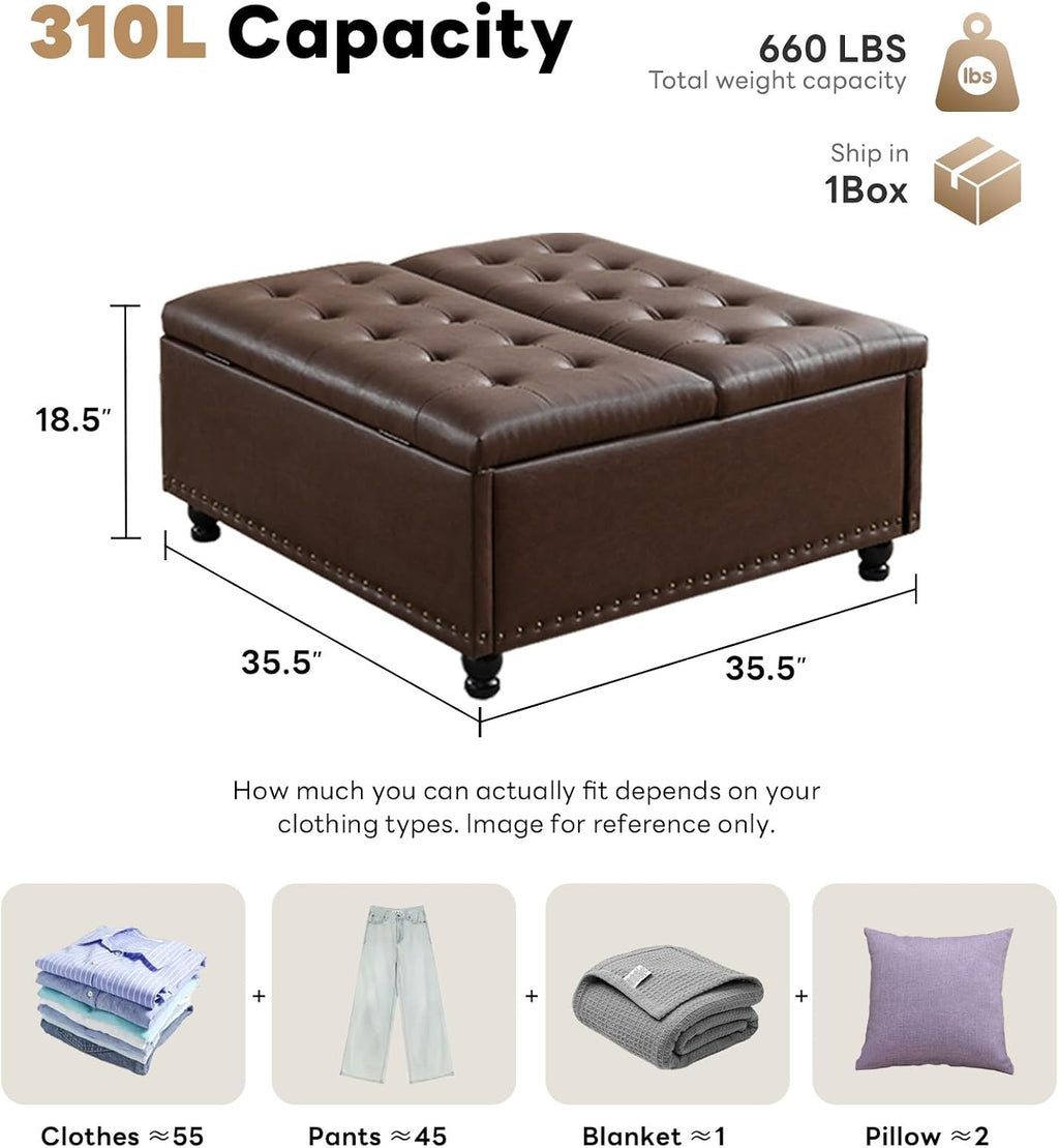 Tbfit Large Square Storage Ottoman Bench, Tufted Upholstered Coffee Table Ottoman with Lift Top & Solid Wood Legs, Oversized Storage Ottomans Toy Box for Living Room (Dark Brown)