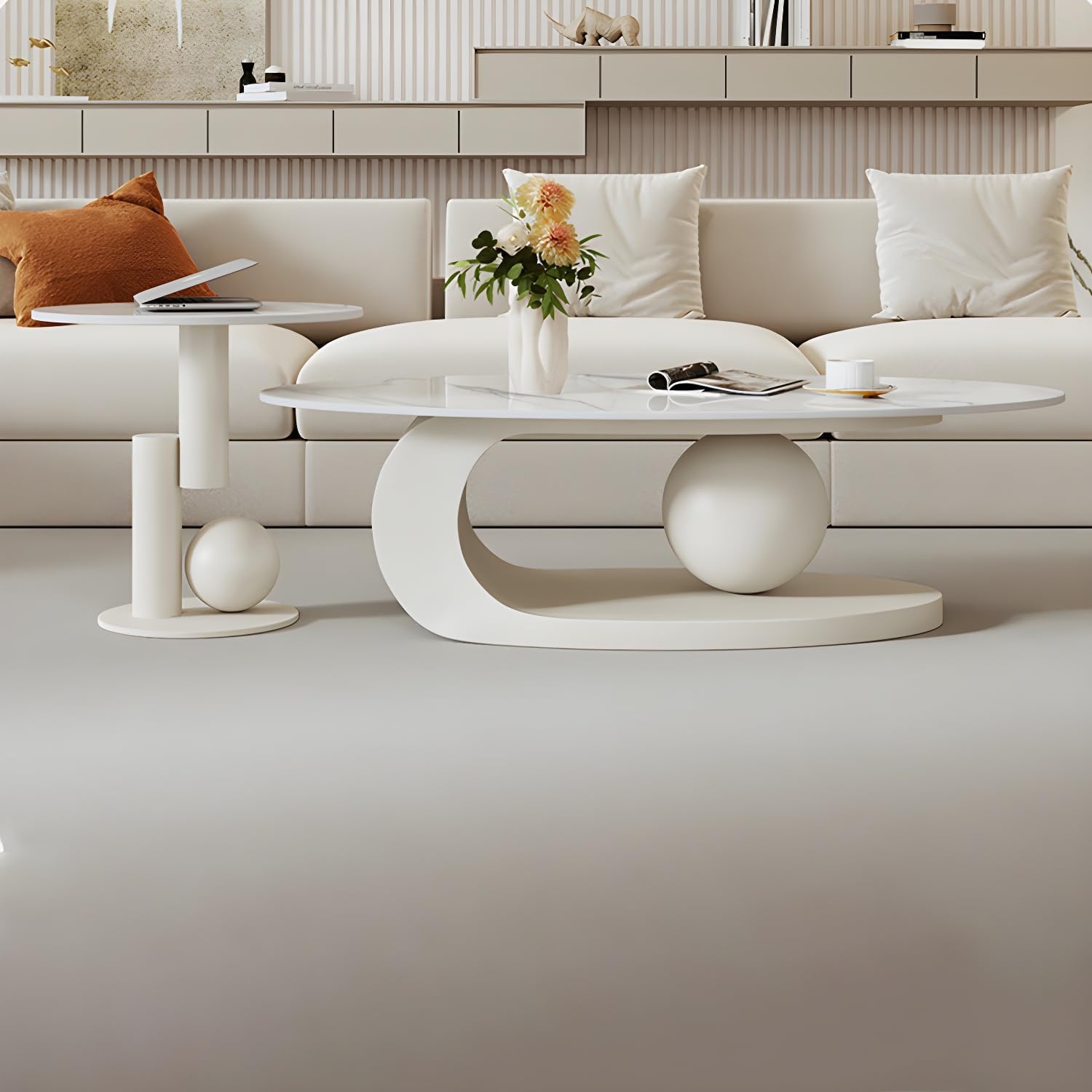 LITFAD Modern Stone Coffee Table with Abstract Metal Base Living Room Table Center Table for Home Furniture - White 39' L x 20' W x 17' H+20' L x 20' W x 20' H