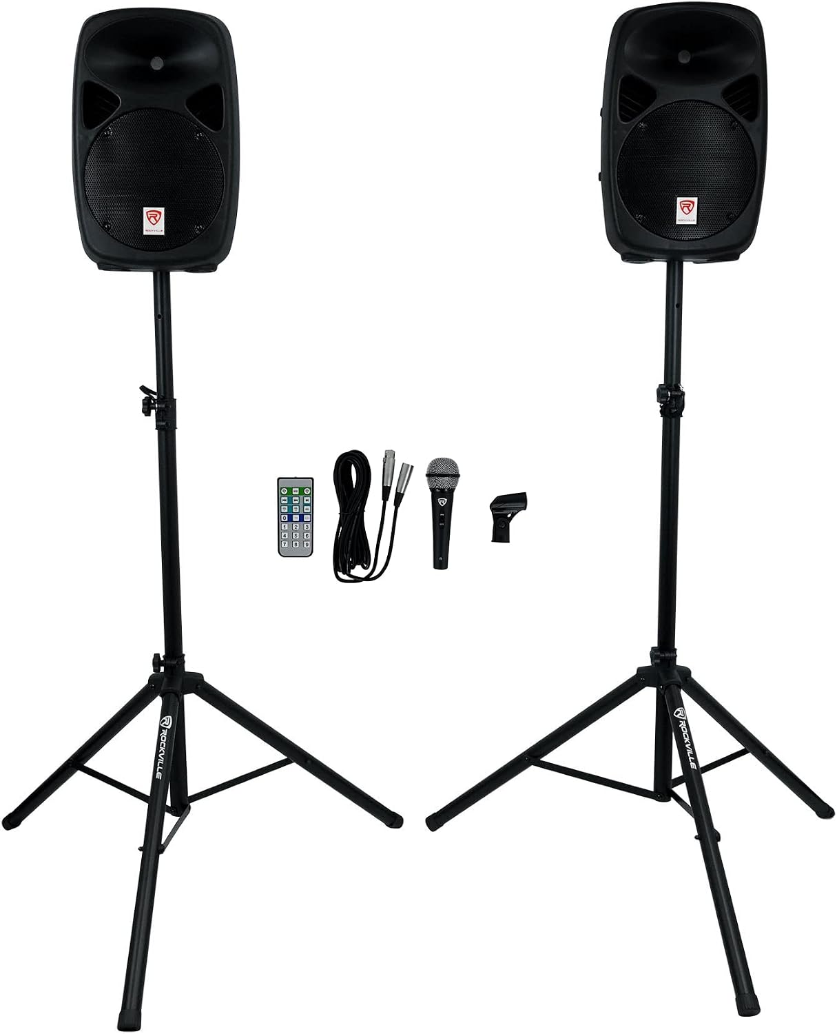 Rockville RPG102K Dual 10' Powered DJ/PA Speaker System with Bluetooth | 1000W Peak / 250W RMS, USB/SD Playback, XLR Output, Mic & Stands Included, Cables, Remote, Bass/Treble EQ, Active/Passive