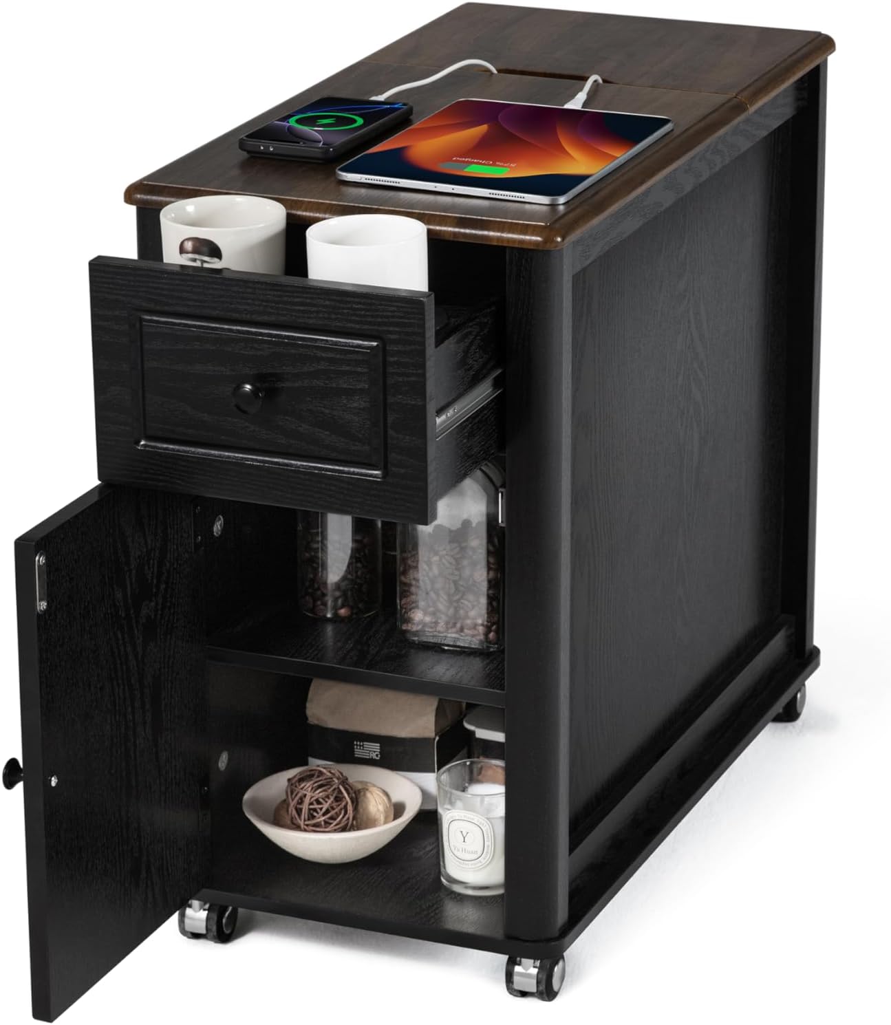 Farmhouse End Table with Wheels & Charging Station, USB-C, Narrow Rolling Side Table with Storage Cabinet and Deep Drawer, Small Nightstand with Hidden USB Ports and Outlets for Living Room, Black