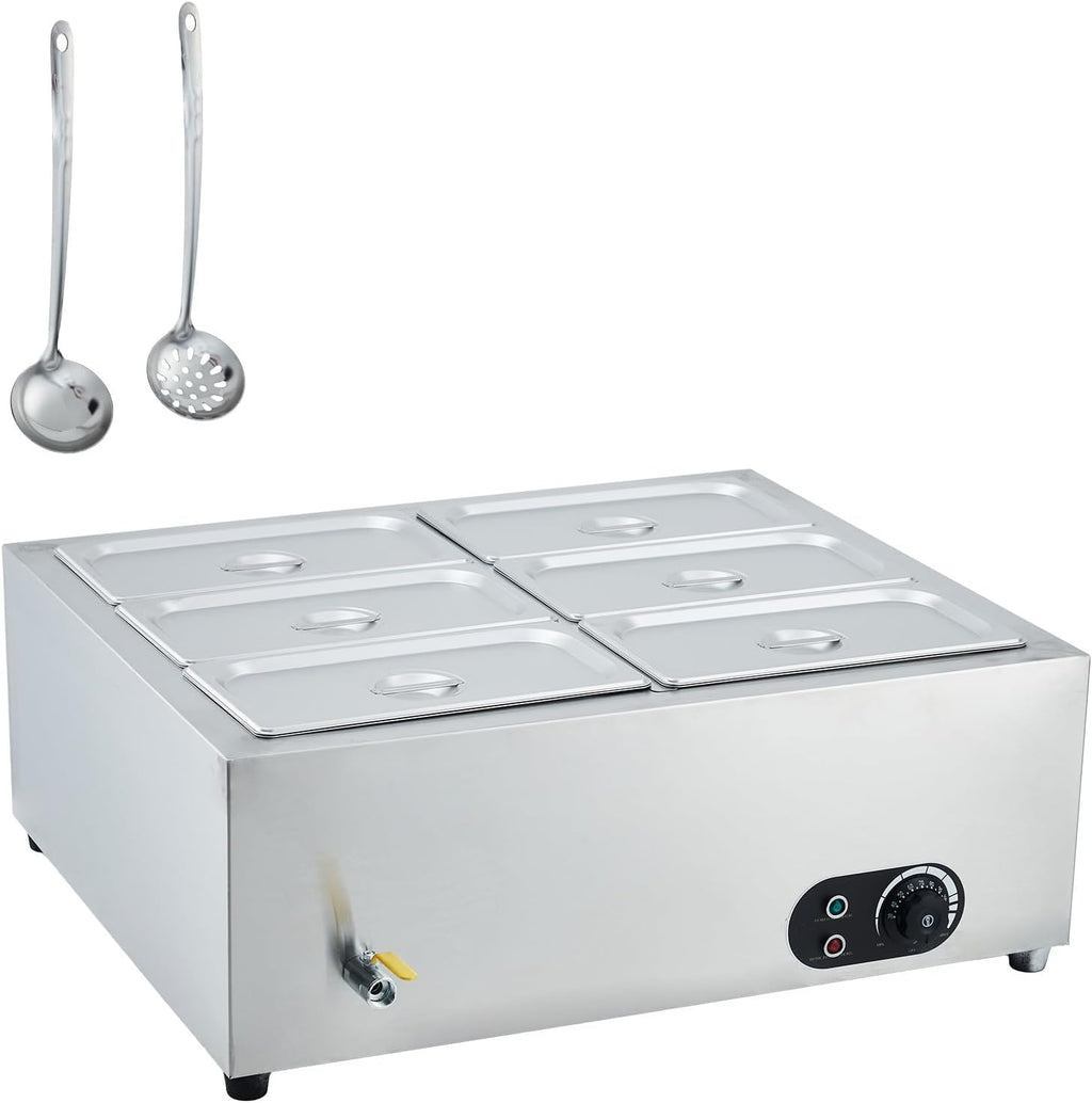 Commercial Food Warmer Stainless Steel with Lids, 1500W Electric Buffet Server Bain Marie, 6-Pan Catering Hot Food Station for Restaurants, Hotels, Banquets, and Commercial Kitchen Equipment