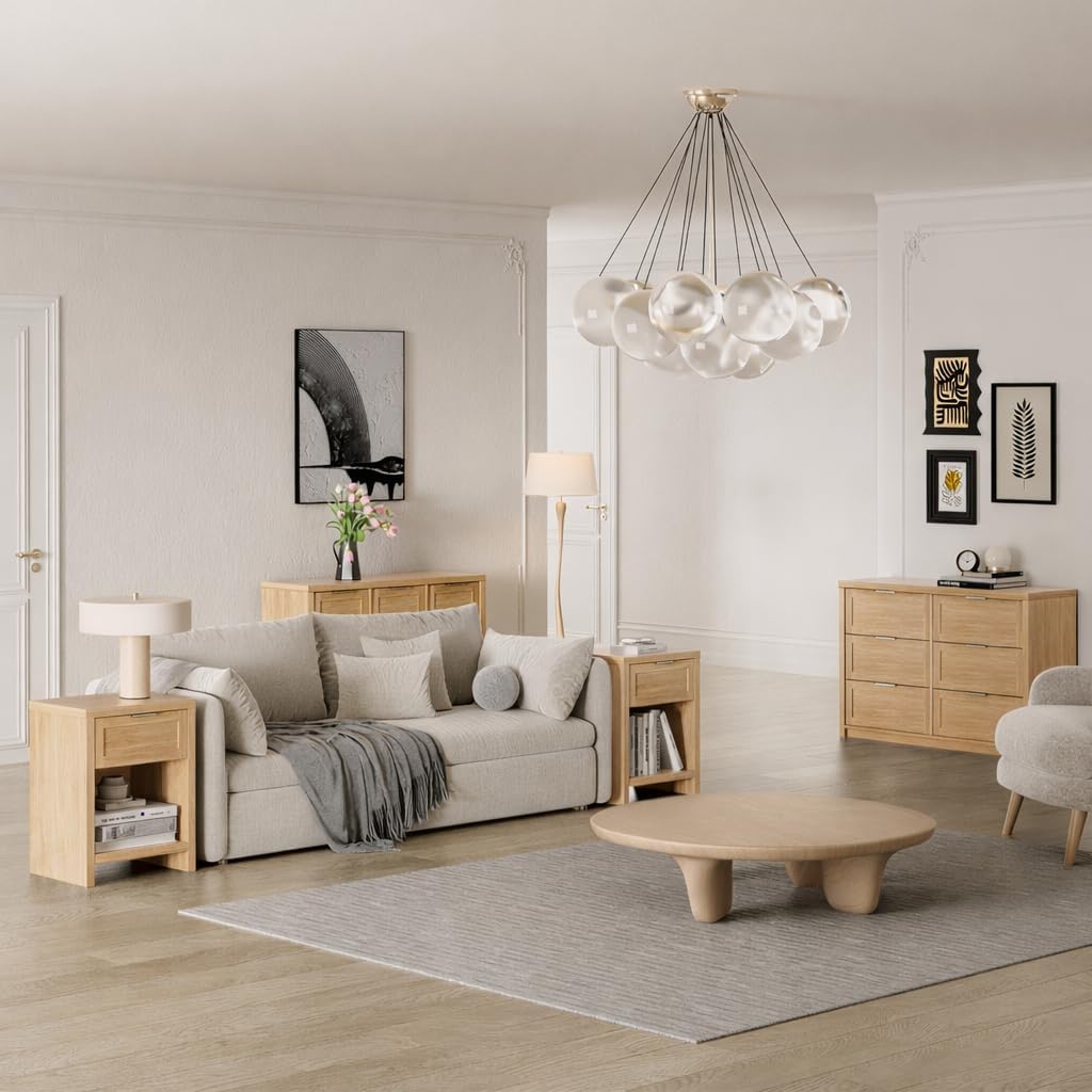 Walsham Natural Nightstand Set of 2 Boho Bedside Tables with Drawer and Storage Shelf Farmhouse Side End Tables for Bedroom Sofa, (Light Weathered Oak, 2 Set)