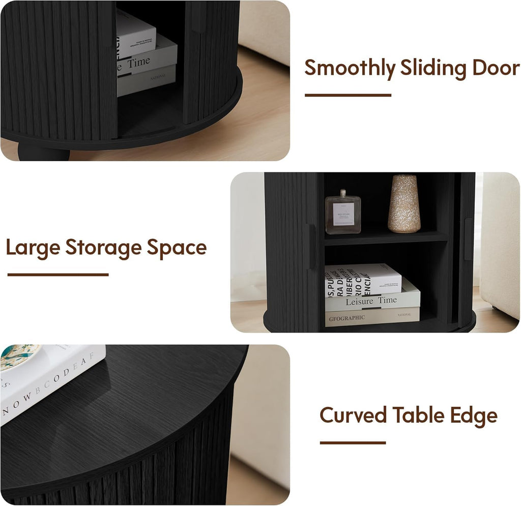 24' Large Fluted Round End Table with Charging Station, Farmhouse Cricle Sofa Side Table with Sliding Door and Storage, Rustic Curved Wood Nightstand for Living Room, Bedroom, Natural