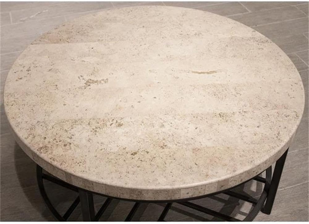 BOWERY HILL Contemporary Round Stone Top Coffee Table in Alabaster Travertine for Living Room, 36' D x 36' W x 18' H