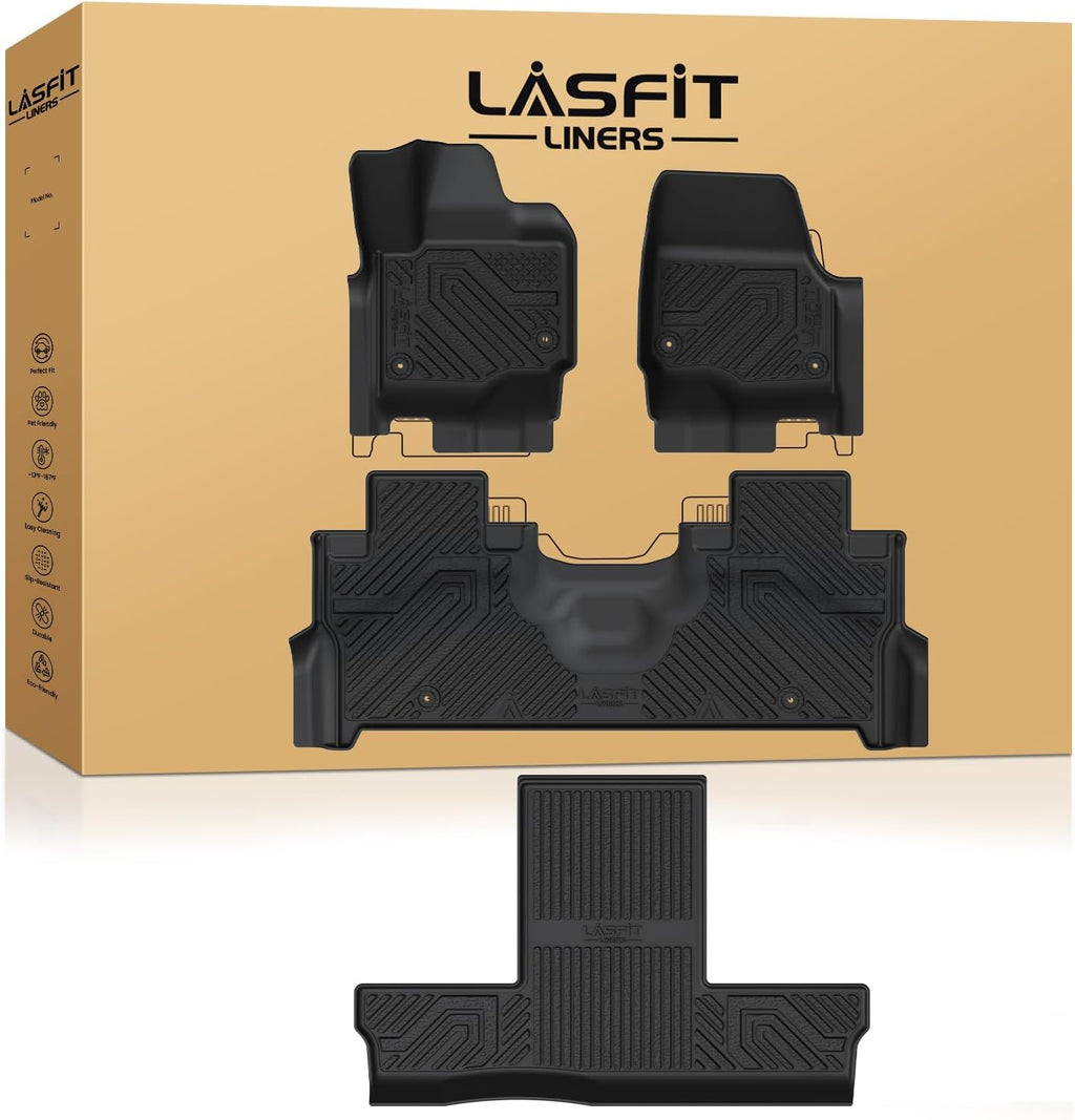 LASFIT Floor Mats for 2025 2026 Ford Expedition 7 Seats Max(Not Fit 8 Seats Standard), All Weather Protector TPE Easy Clean Car Floor Liner, 1st & 2nd & 3rd Row, 4pcs Black