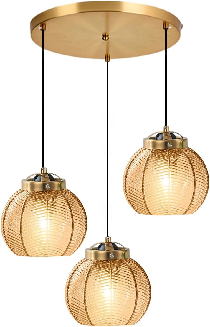 Glass Globe Chandelier 3 Light Cluster Pendant Light Fixture Black Gold Mid Century Modern Ceiling Lights Adjustable Height with Amber Glass Ball Shades Sputnik Chandelier Kitchen