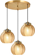 Glass Globe Chandelier 3 Light Cluster Pendant Light Fixture Black Gold Mid Century Modern Ceiling Lights Adjustable Height with Amber Glass Ball Shades Sputnik Chandelier Kitchen