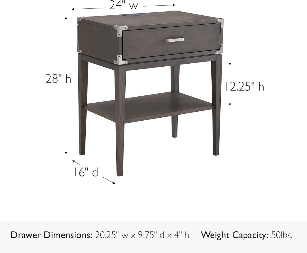 Leick Home 24022 Beckett Nightstand Side Table One Drawer Rustic USB-C Fast Charging Station, A/C and USB Charging Port Integrated Durable Solid Wood Living Room, Bedroom, Office, Anthracite/Pewter