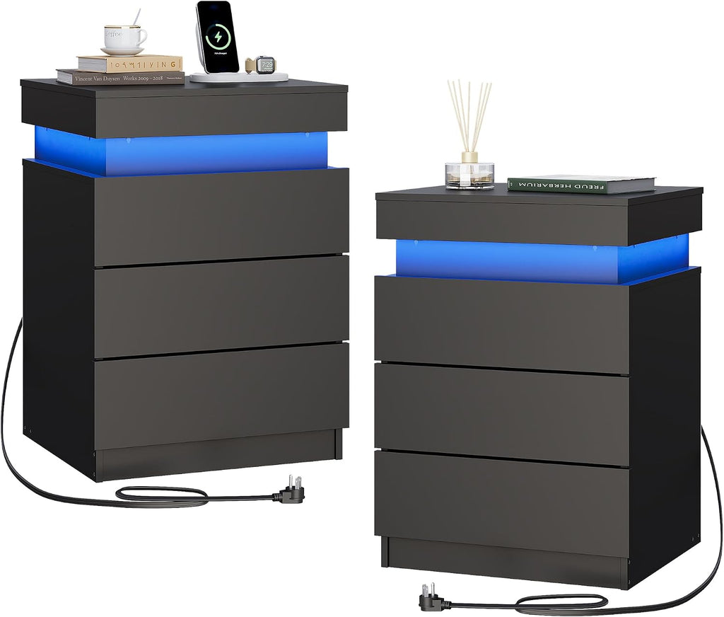WLIVE Nightstand Set of 2 with Charging Station & LED Lights, Modern Night Stand with 3 Drawers and Sliding Top, Bedside Table End Table with Hidden Space for Bedroom, Living Room, Black
