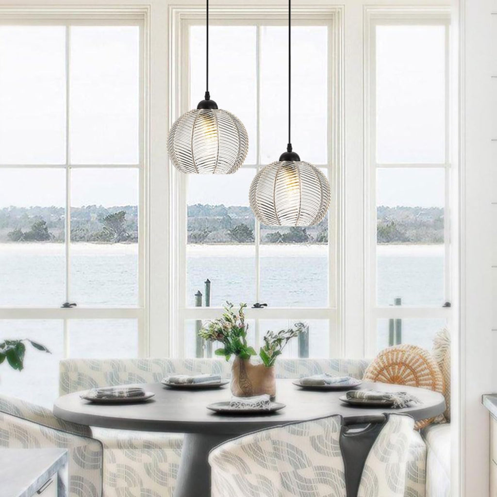 Mid Century Pendant Light Black Glass Pendant Lighting Kitchen Island 3 Light with Clear Ribbed Glass Shade Modern Chandelier Globe Hanging Light for Dining Room Sink Farmhouse