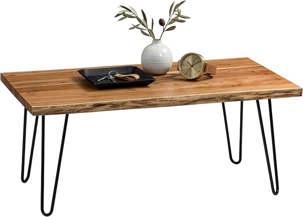Alaterre Furniture Live Edge Wood Coffee Table with Hairpin Metal Legs – Rustic Modern Farmhouse Living Room Table with Acacia Wood Top (48 Inch)