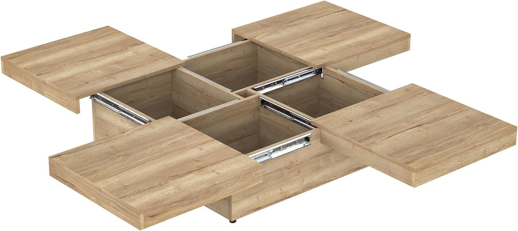 Merax Coffee Table, Modern Extendable Coffee Table with 4 Hidden Storage Compartments, Square Center Cocktail Table with Sliding Tabletop for Living Room, 39.4'x 39.4' (Natural)