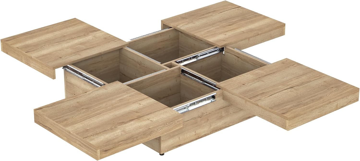 Merax Coffee Table, Modern Extendable Coffee Table with 4 Hidden Storage Compartments, Square Center Cocktail Table with Sliding Tabletop for Living Room, 39.4'x 39.4' (Natural)