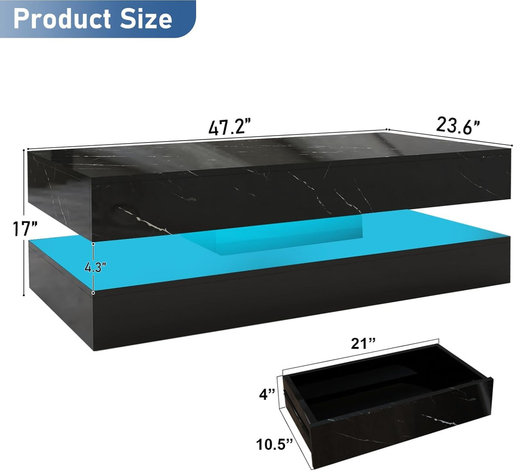 HOMFAMILIA LED Coffee Table with 2 Storage Drawers, Modern High Gloss Black Coffee Table w/20 Colors LED Lights, 2 Tiers Rectangle Center Table for Living Room with Marbling Print, APP Control, Black