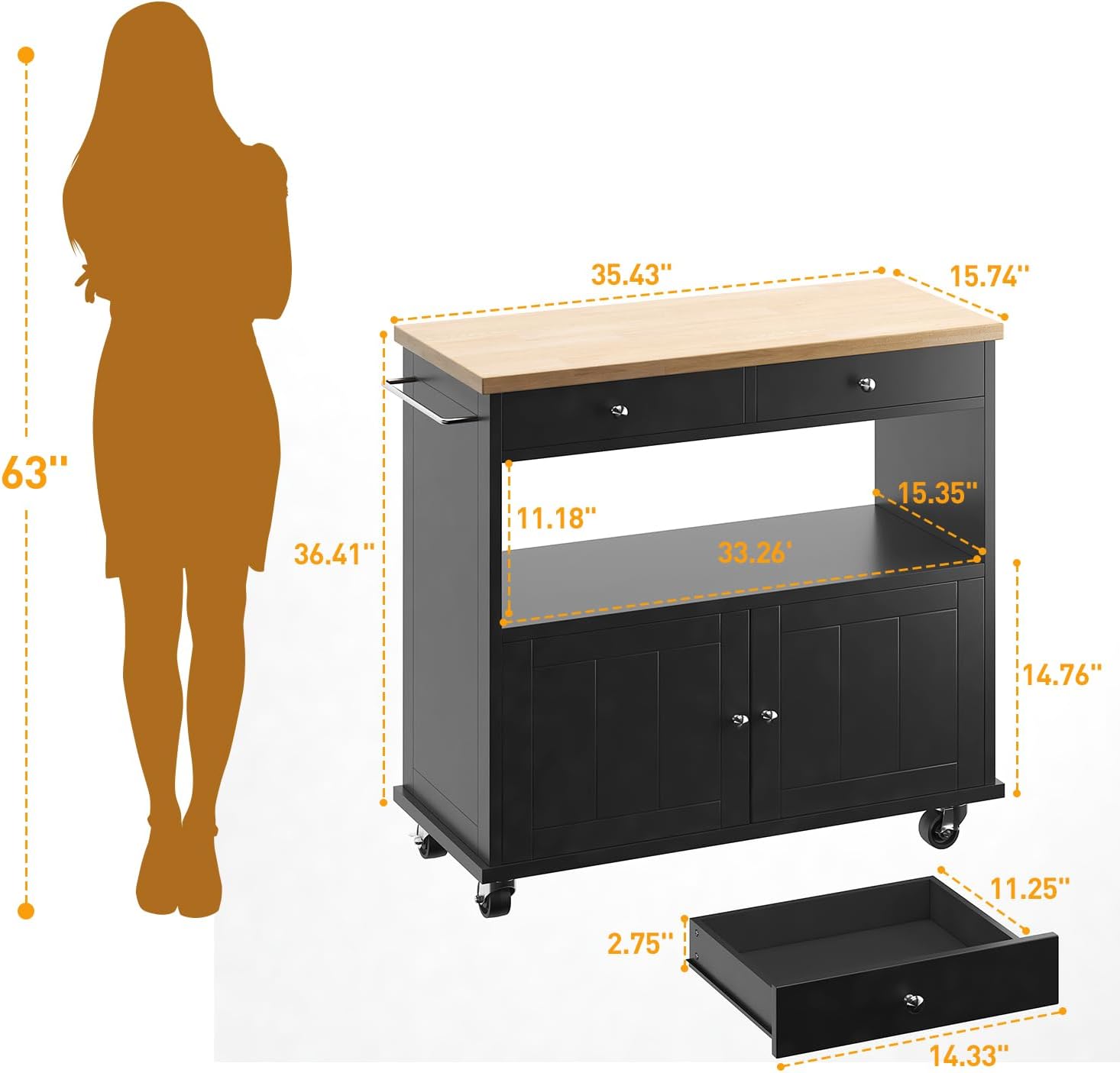 knoworld Rolling Kitchen Island with Storage Cabinet, 35.4'' Width Kitchen Cart, 2 Drawers Island Table, Portable Mobile Kitchen Island with Towel Rack, Wood Top and Lockable Wheels, Black