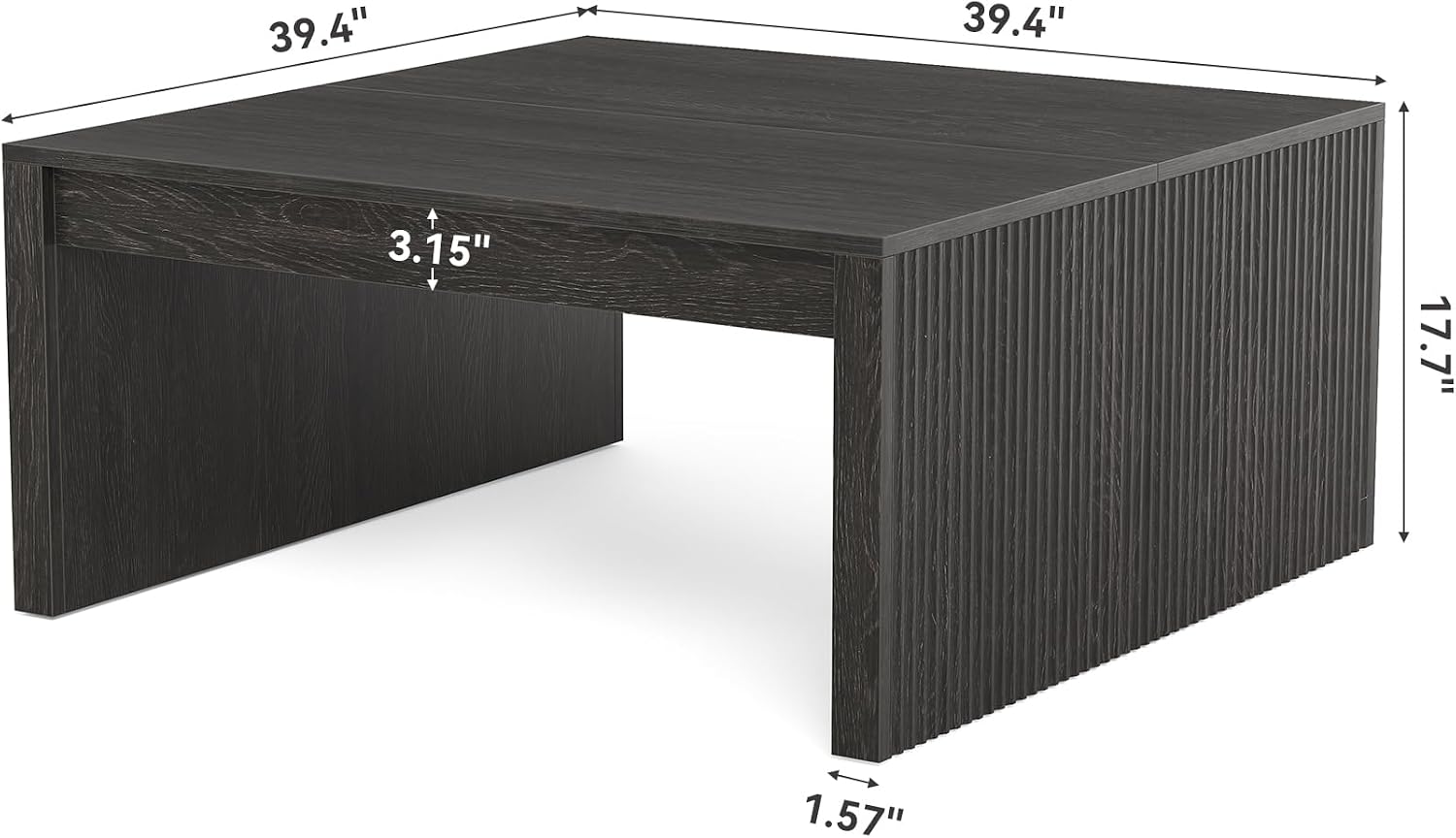 LITTLE TREE Square Coffee Table, 39.4-Inch Fluted Coffee Tables, Mid-Century Modern Center Cocktail Table for Living Room Bedroom, Easy Assembly, Black