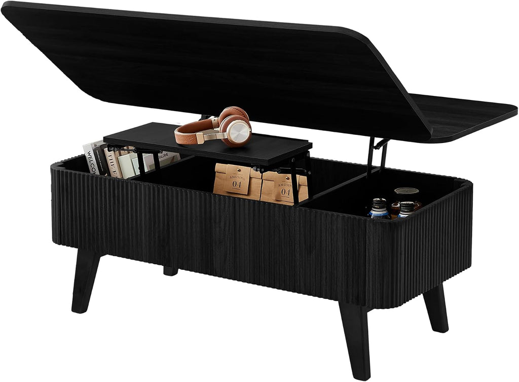 Fluted Lift Top Coffee Table, 3 in 1 Convertible Coffee Tables Converts to Dining Tables, Modern Oval Wooden Center Table with Storage for Living Room Office Small Space, Partial Assembly (Black)
