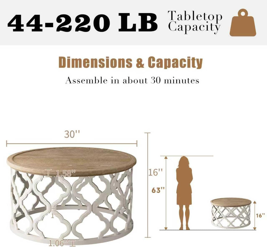 Farmhouse Coffee Table, French Country Round Coffee Table with Distressed Tray Top, Coastal Coffee Table with Curved Motif Frame Base, Boho Center Table for Living Room, Dining Room, Bedroom, Beige