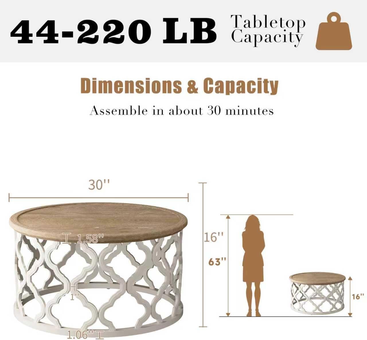 Farmhouse Coffee Table, French Country Round Coffee Table with Distressed Tray Top, Coastal Coffee Table with Curved Motif Frame Base, Boho Center Table for Living Room, Dining Room, Bedroom, Beige