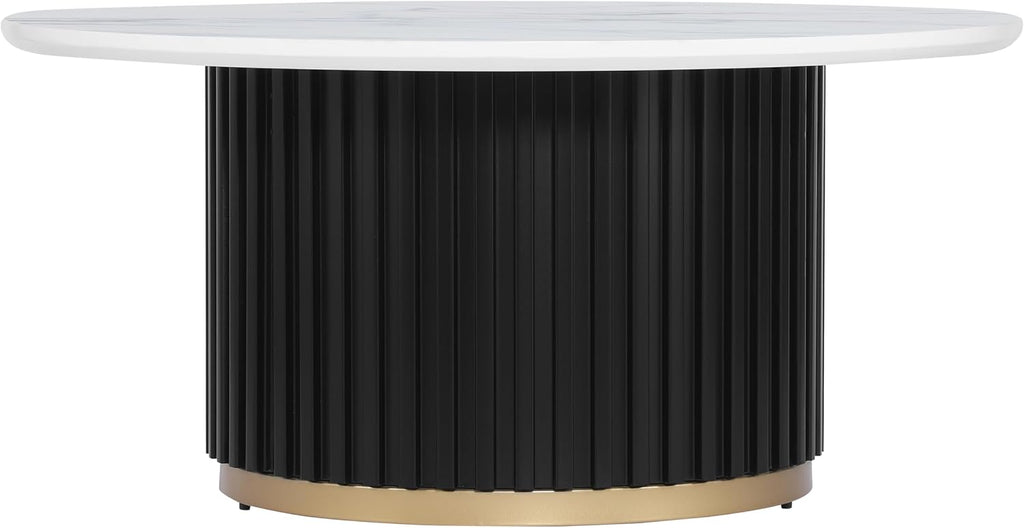 Modern Round Coffee Table with Fluted Pedestal Circle Coffee Table with Faux Marble Tabletop for Bedroom,Apartment,Living Room White