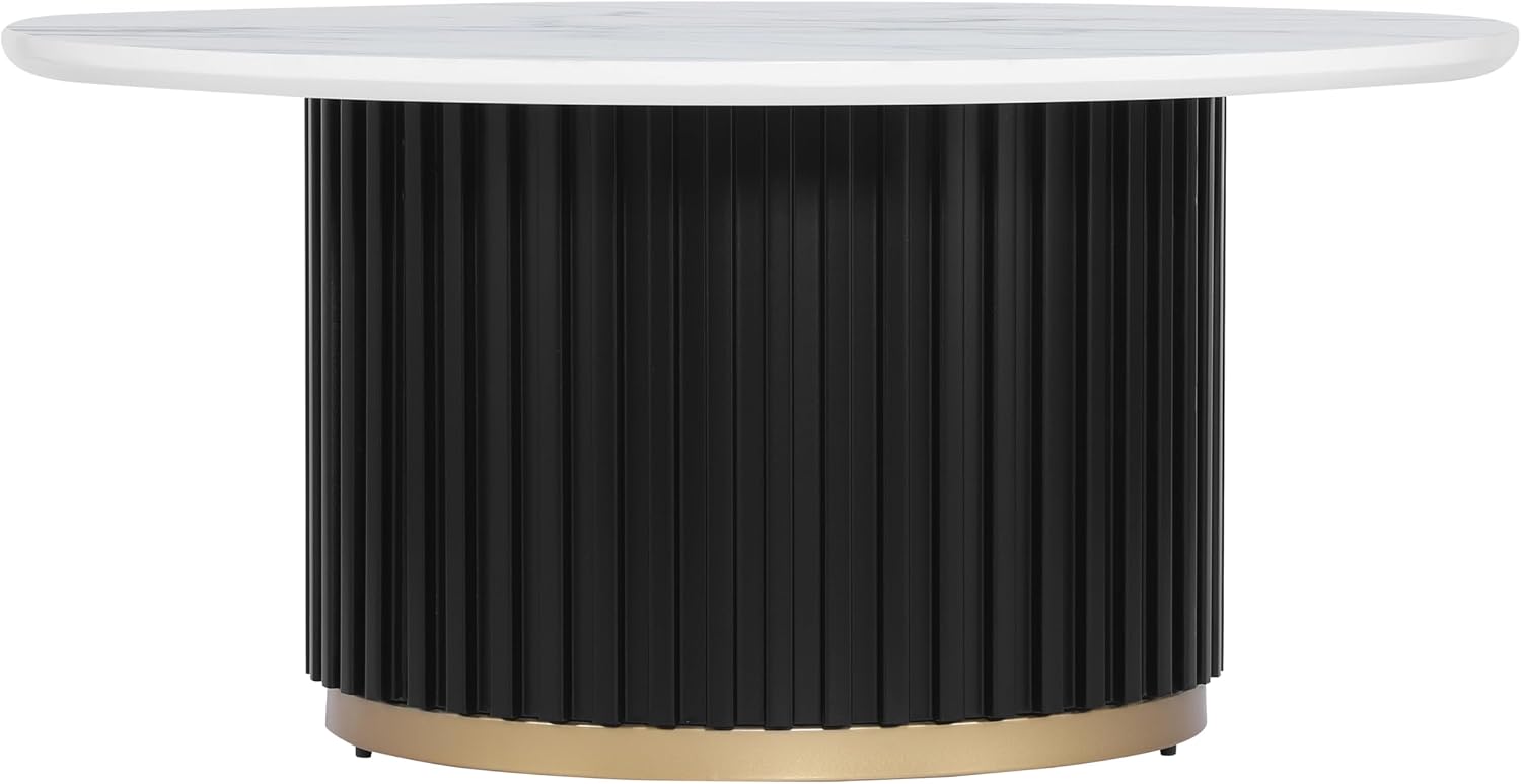 Modern Round Coffee Table with Fluted Pedestal Circle Coffee Table with Faux Marble Tabletop for Bedroom,Apartment,Living Room White