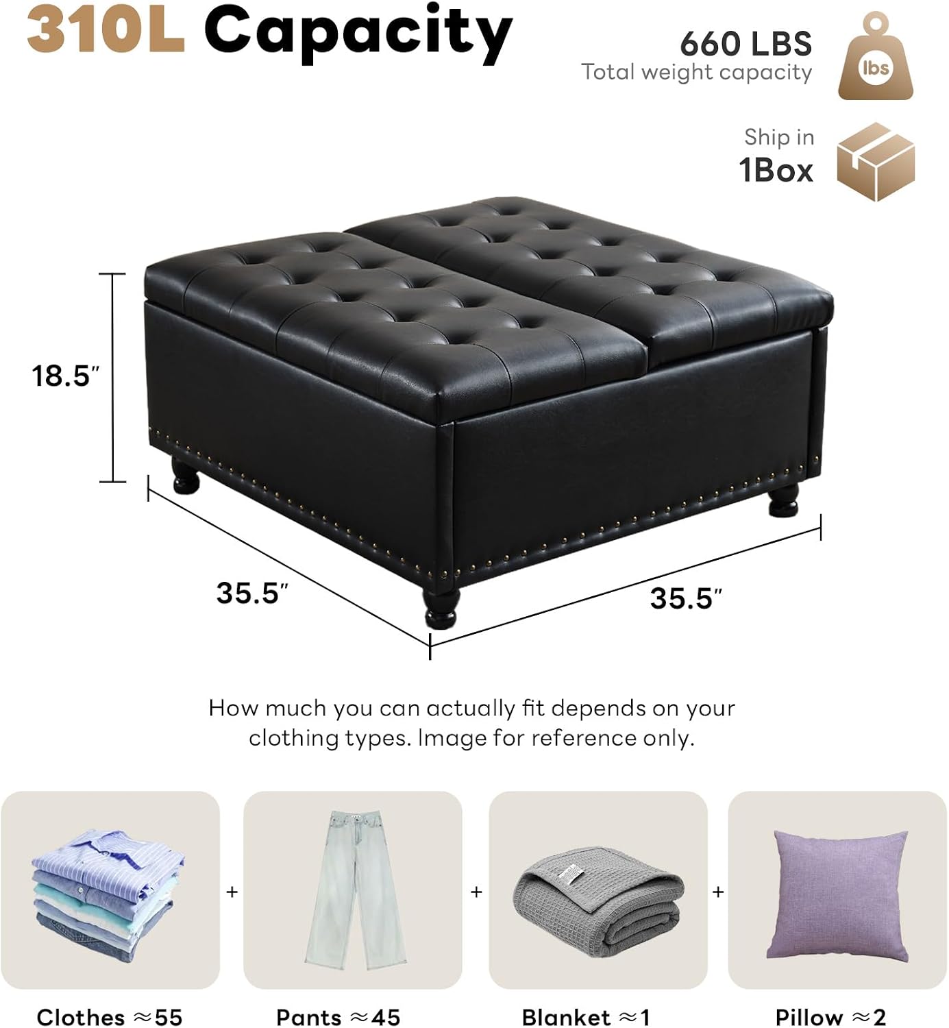 Tbfit Large Square Storage Ottoman Bench, Tufted Upholstered Coffee Table Ottomans with Lift Top & Solid Wood Legs, Oversized Storage Ottomans Toy Box for Living Room (Black)