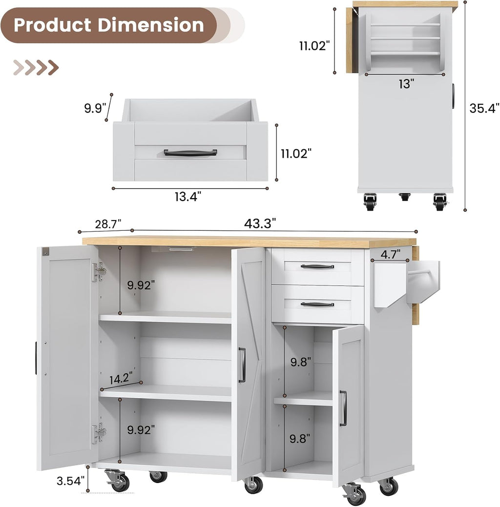 VVFLU Rolling Kitchen Island On Wheels, Kitchen Island Cart with Drop Leaf Countertop, Barn Door Island Table with Storage Cabinet and 2 Drawer, 5 Wheels, Towel Rack and Spice Rack, White