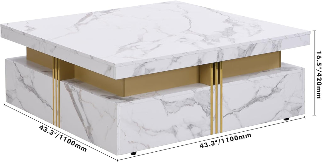 Merax 43.3' Modern Square Storage Coffee Table with 4 Drawers, with Marbling Gold Accents, Functional Center Tables for Living Room Apartment, White