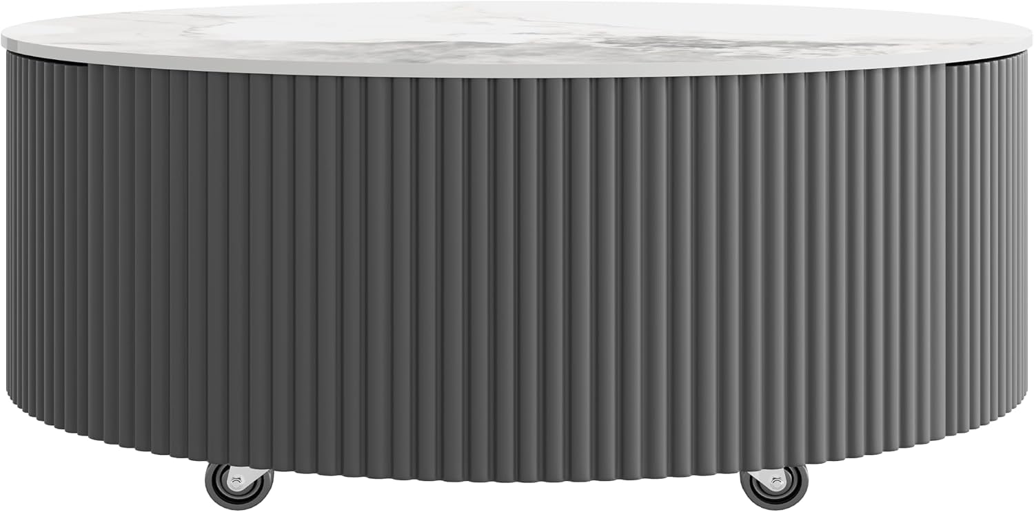 Merax 29.5' Round Fluted Coffee Table for Living Room, Movable Accent Table with Casters and 2 Storage Drawers, Marble Pattern Sintered Stone Top, Black and White