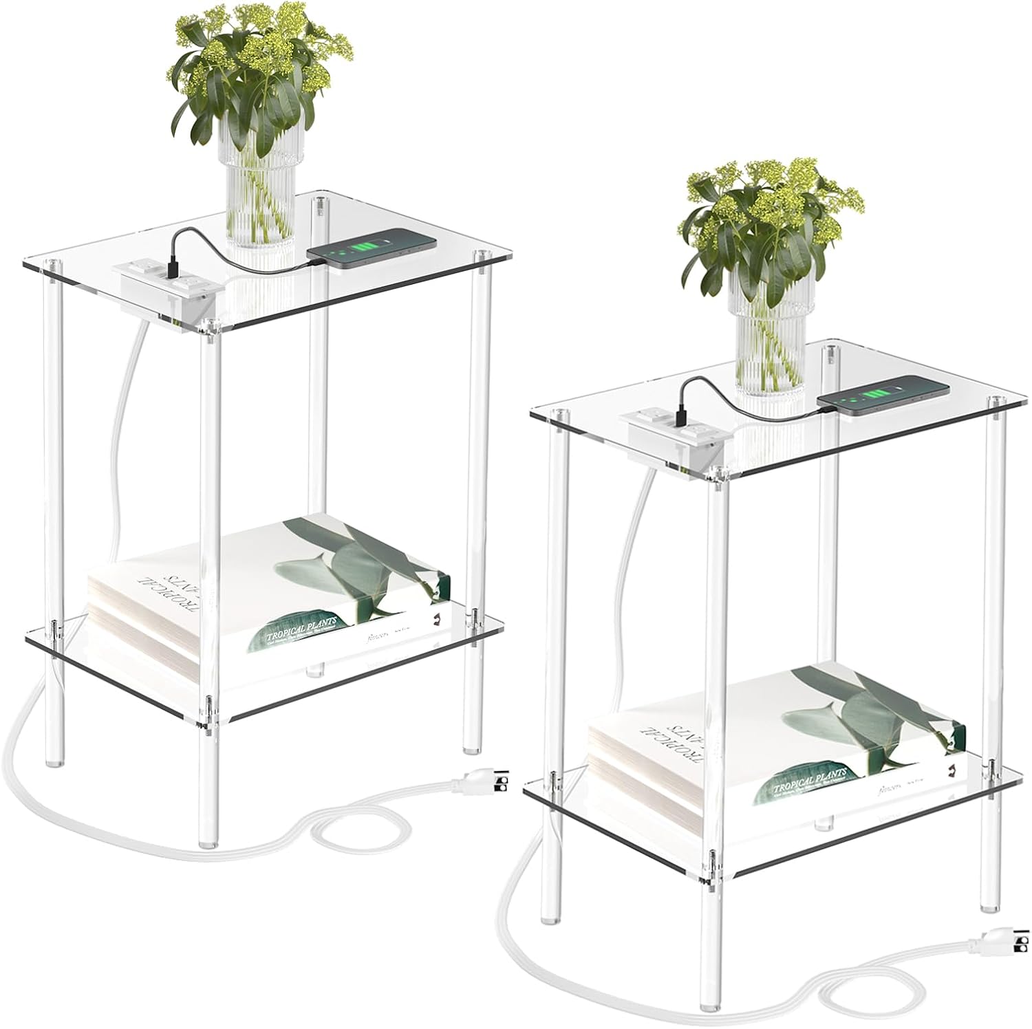 Eglaf Acrylic Side Table Set of 2 with Charging Station & USB Ports - Small End Table - Nightstand Bedside Table for Living Room, Bedroom - 15.7'' L x 11.8'' W x 21.7'' H, 2 Tier