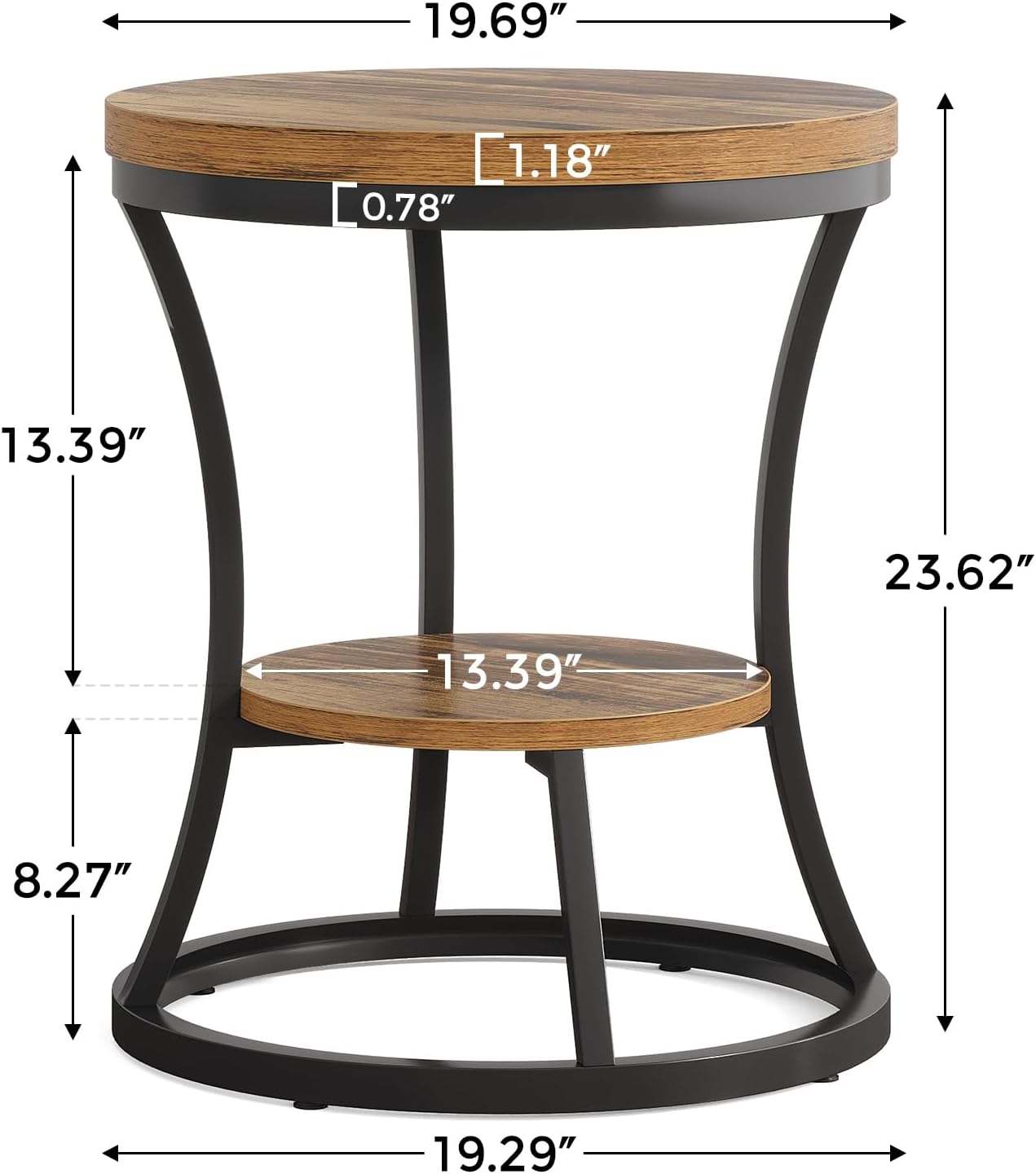 Round End Table Set of 2, 2 Tier Industrial Side Table, Accent Bedside Table Nightstand with Metal Frame for Living Room, Bedroom, Small Spaces, Easy Assembly, Rustic Brown & Black
